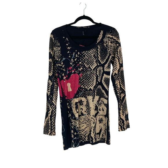 Christian Audigier Crystal Rock Shirt Snake Locket Y2K Tunic Womens Large NEW - Picture 1 of 14